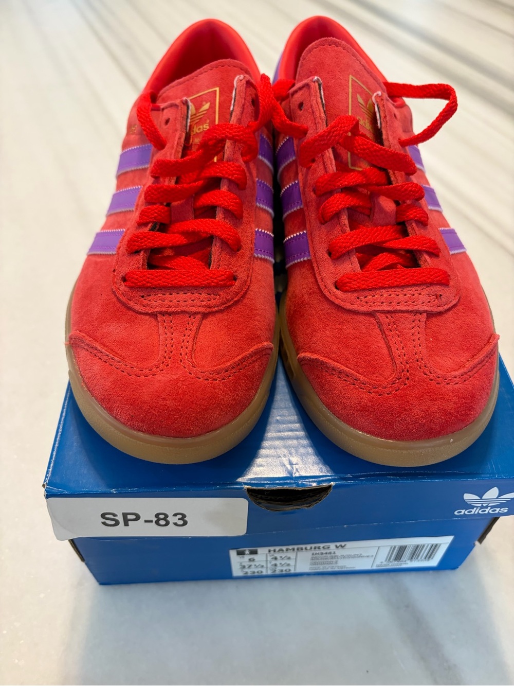 adidas Hamburg Red Suede Sneakers with Purple Stripes